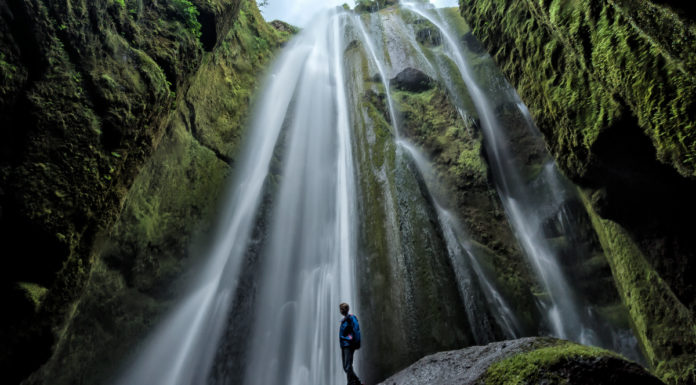 Battle of the camera lens cleaning cloths in Gljúfrabúi waterfall Gljúfrabúi waterfall