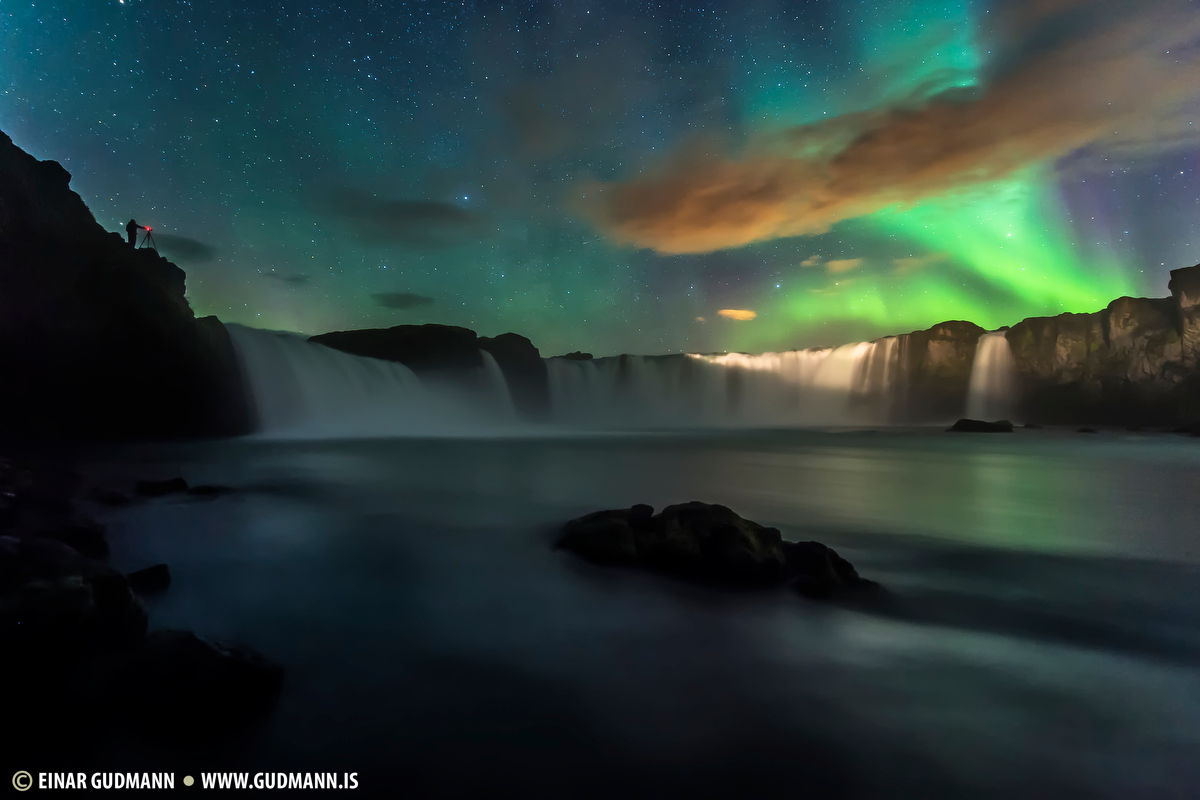 Godafoss waterfall aurora