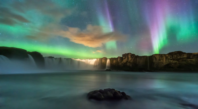 Aurora hunting at Godafoss waterfall