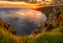 Dáleiðandi litadýrð á Sumarsólstöðum í Grímsey Puffins in the sunset.
